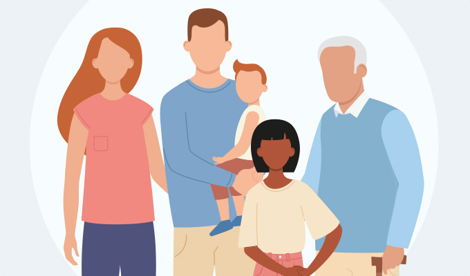 A family of five including two parents, two children and a grandparent
